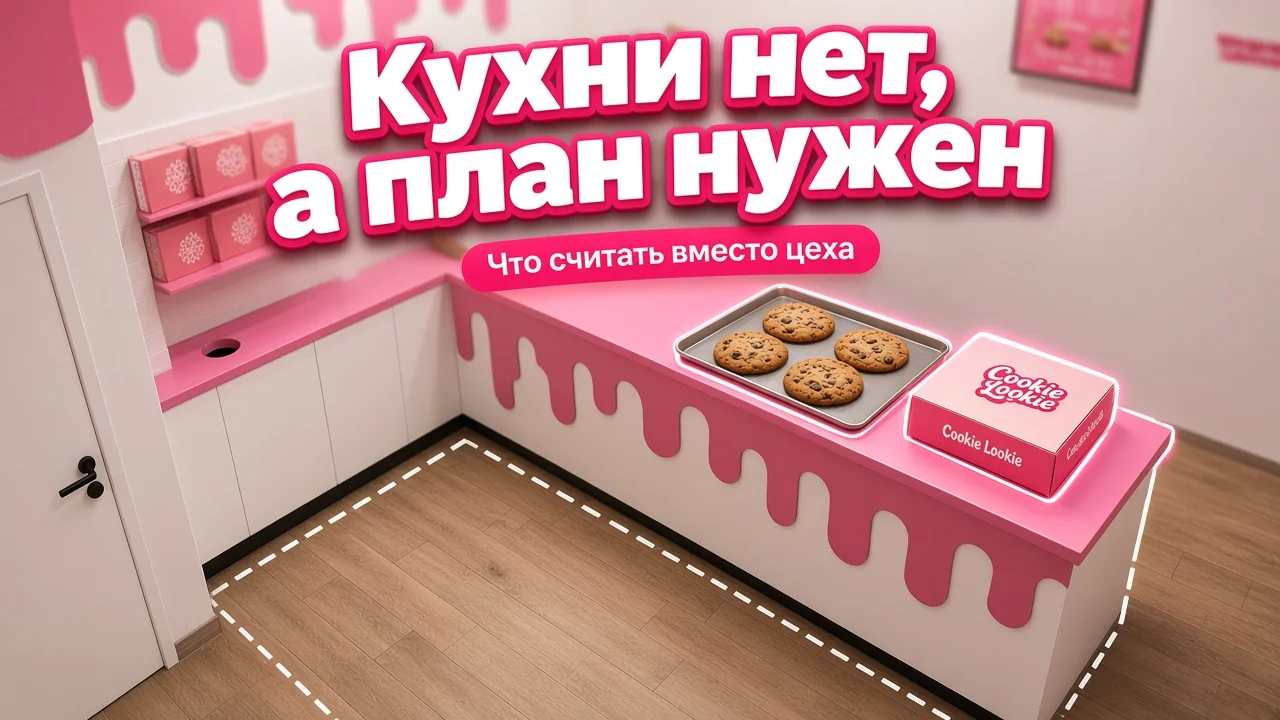 Пустой пунктирный контур кухни на полу компактной точки Куки Луки, над ним розовый прилавок с противнем кукисов