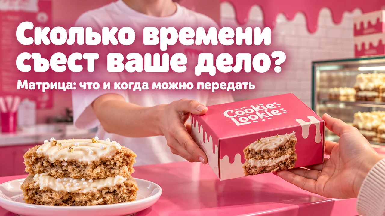 Взрослый в белой фирменной футболке передаёт через розовую стойку закрытую розовую коробку с кукисами, рядом на тарелке крупный кукис Куки Луки