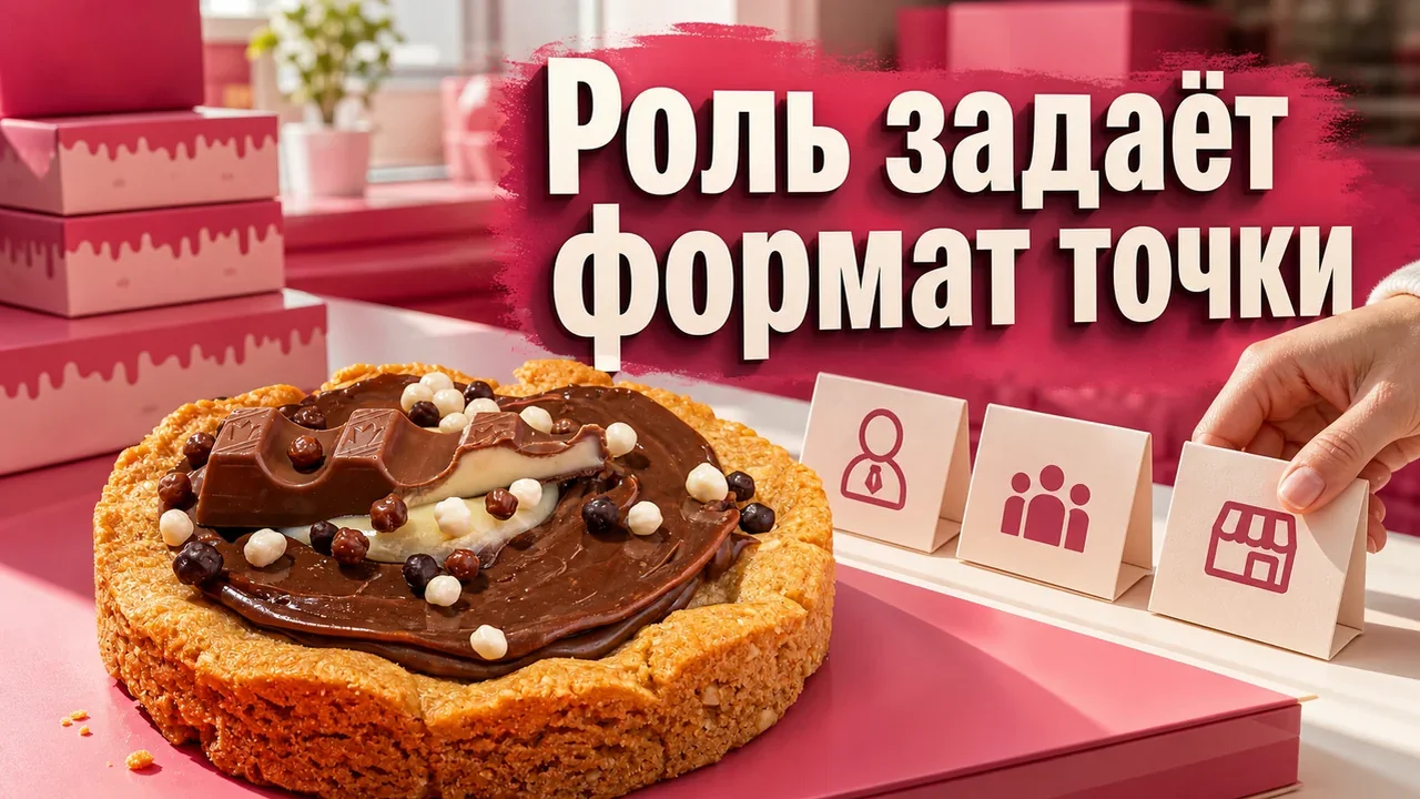 Витрина с крупными кукисами помогает сравнить формат десертной точки через продукт и роль владельца