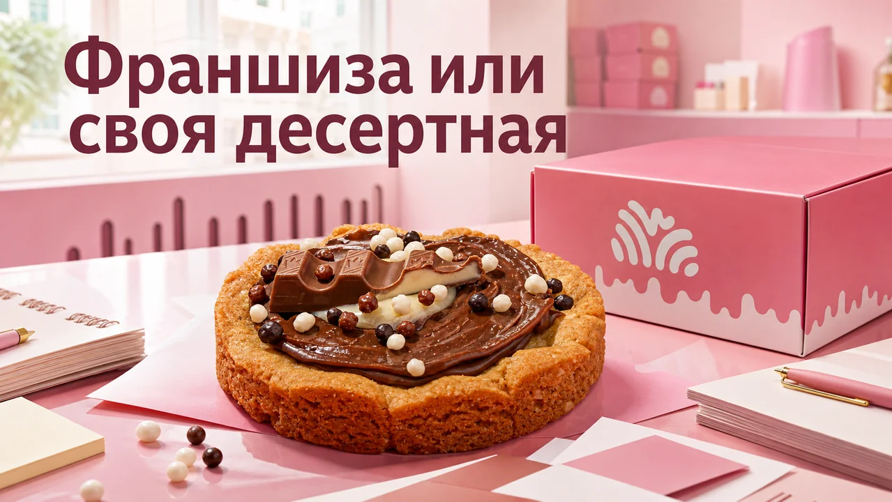 Десерт с шоколадным кремом на розовом столе рядом с коробкой и надписью про франшизу десертной