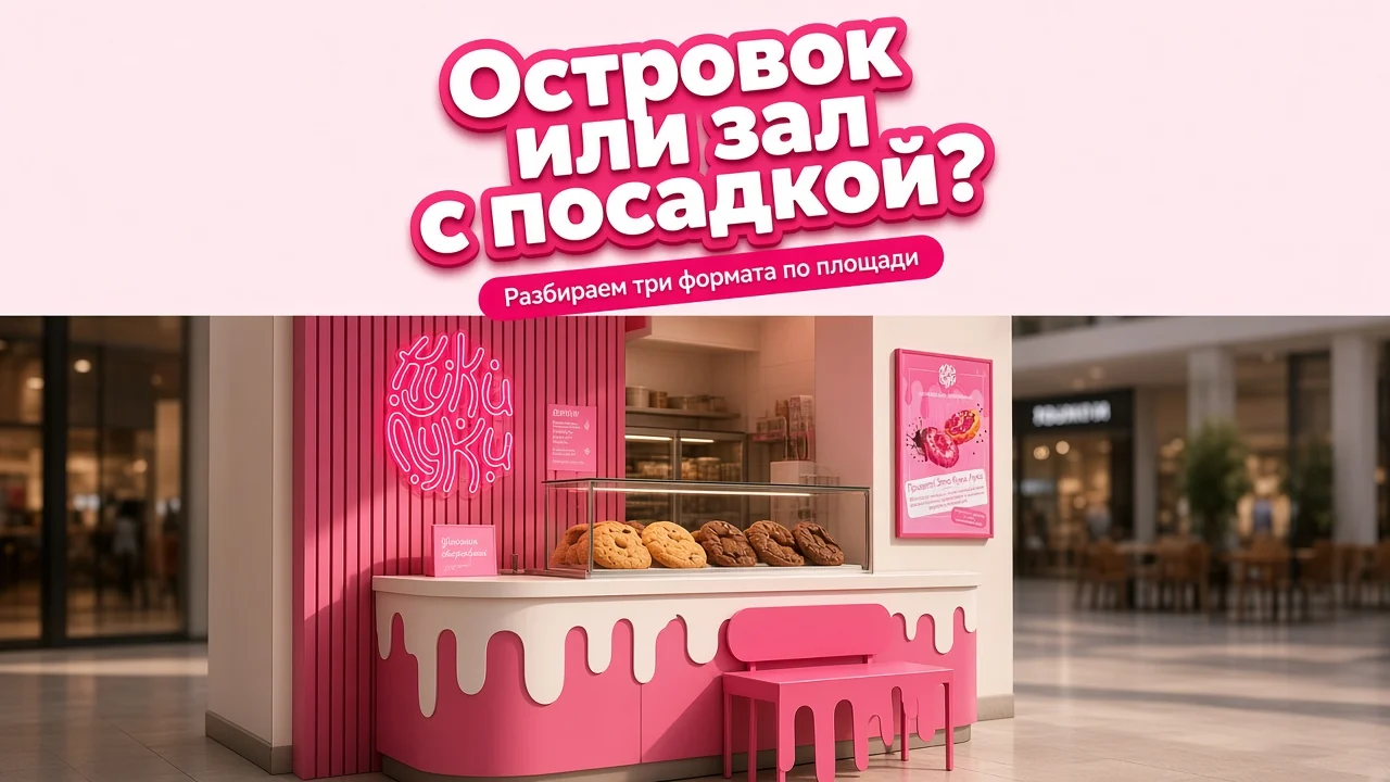 Компактный розово-белый островок с витриной кукисов и одинокий стул рядом с прилавком