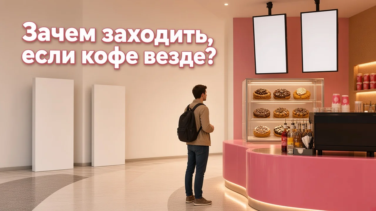 Гость выбирает между обычной стойкой кофе с собой и яркой десертной витриной