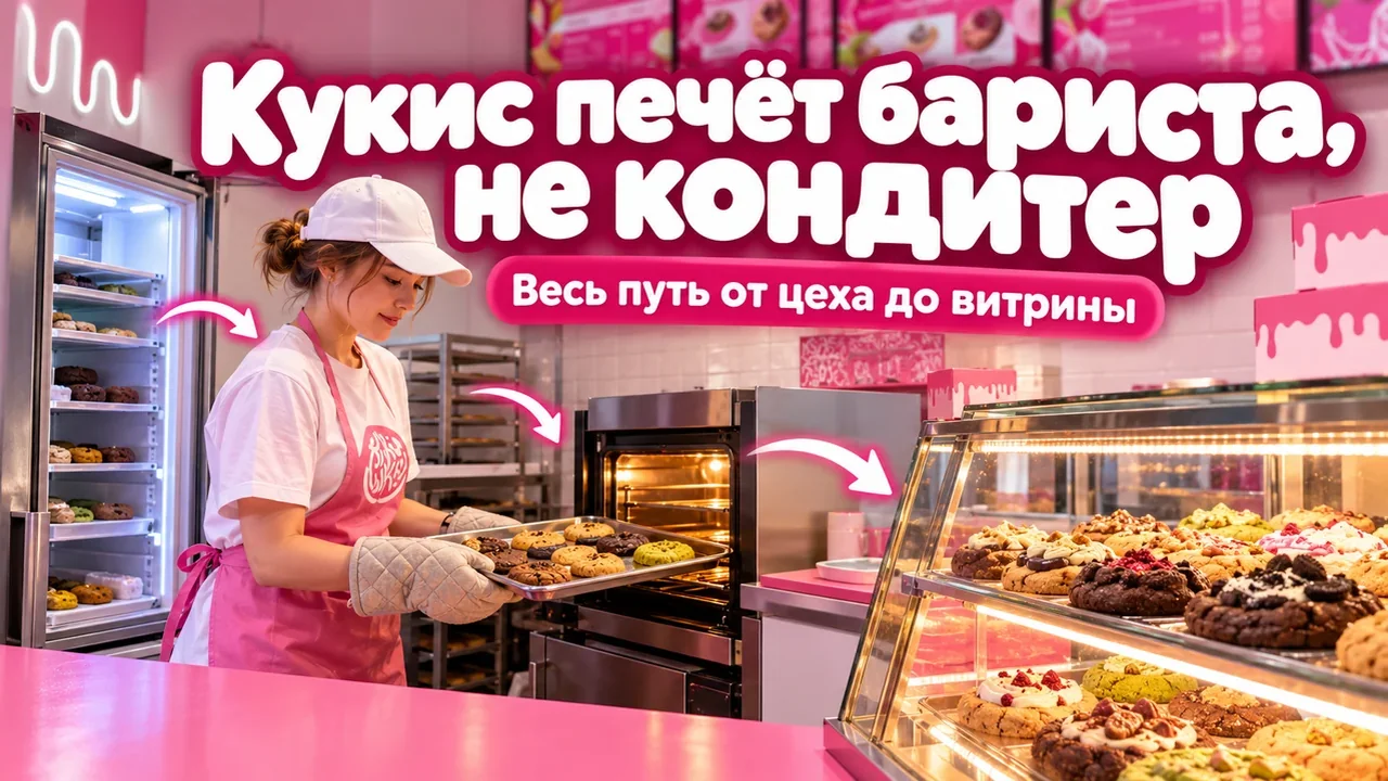 бариста ведёт путь кукиса от морозильника через печь к витрине без кондитера на точке