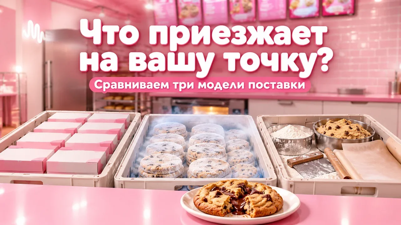 Три открытых ящика поставки на розовой столешнице кондитерской точки: фирменные коробки с готовыми десертами, замороженные основы кукисов в инее и сырьё для замеса