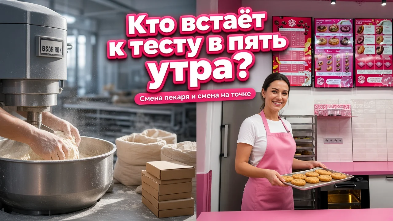 контраст ранней смены пекаря у тестомеса и спокойного утра на десертной точке с противнем свежих кукисов