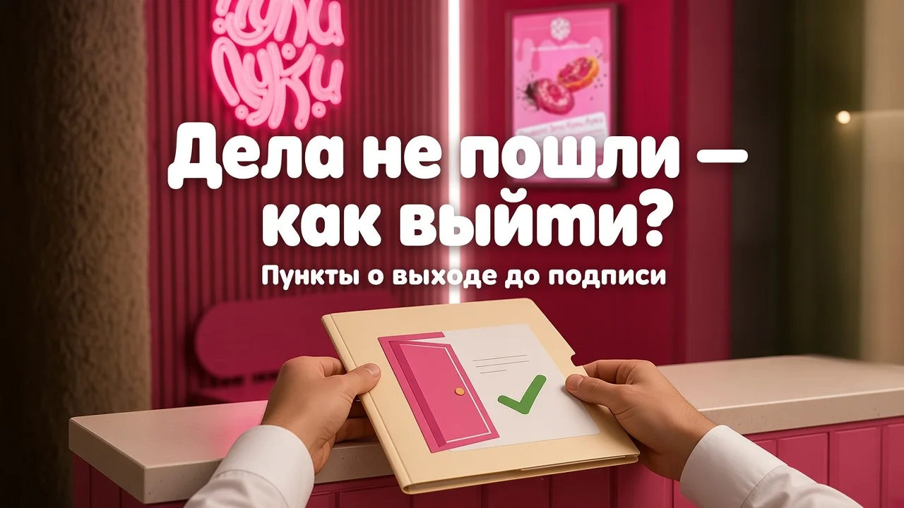партнёр спокойно просматривает договор франшизы рядом с компактной точкой и отмечает пункт о выходе