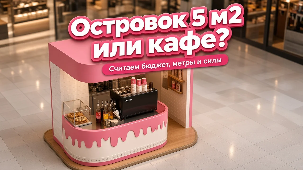 Розово-белый компактный островок Куки Луки на полу галереи торгового центра с рулеткой вдоль основания и более крупным контуром кафе в глубине кадра