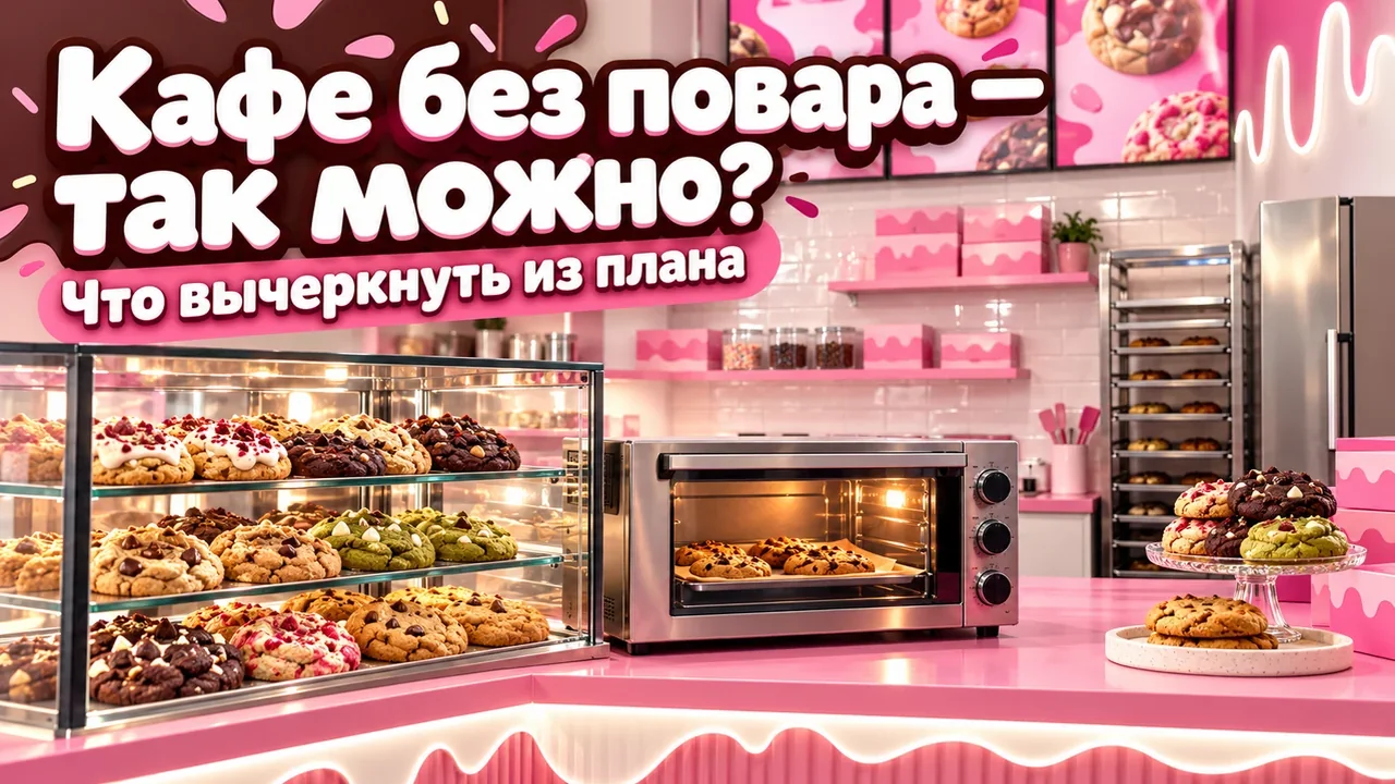 Компактная розово-белая десертная точка без кухни: стеклянная витрина с кукисами и небольшая печь на островке