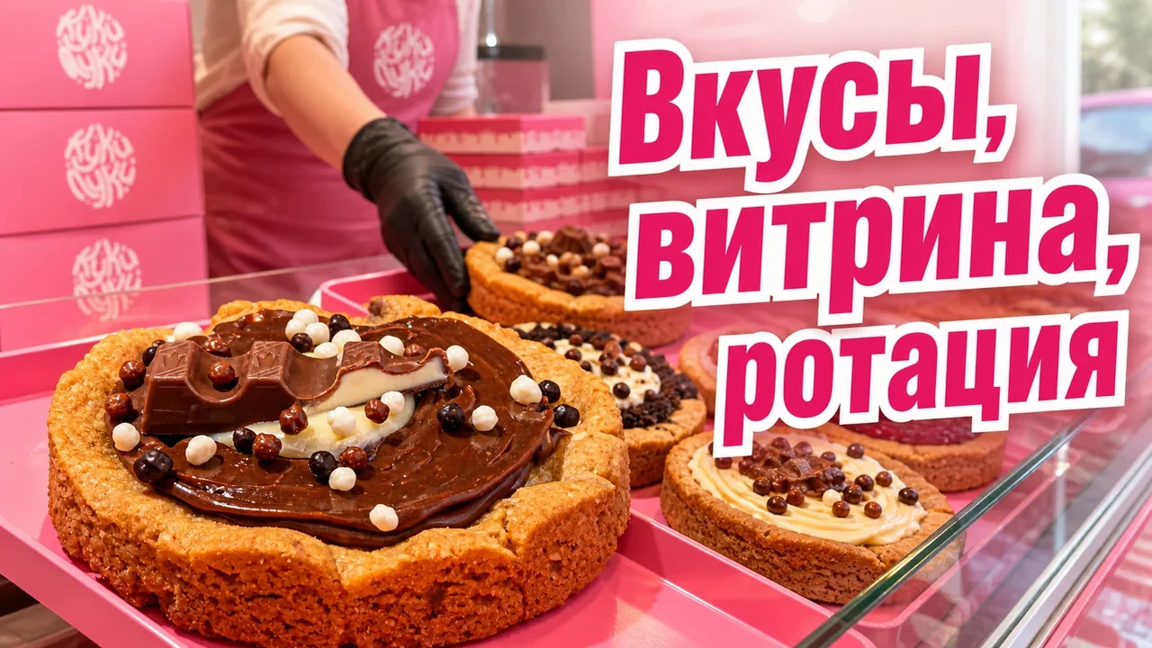 Витрина с крупными мягкими кукисами и сменными вкусами для статьи об ассортименте магазина печенья