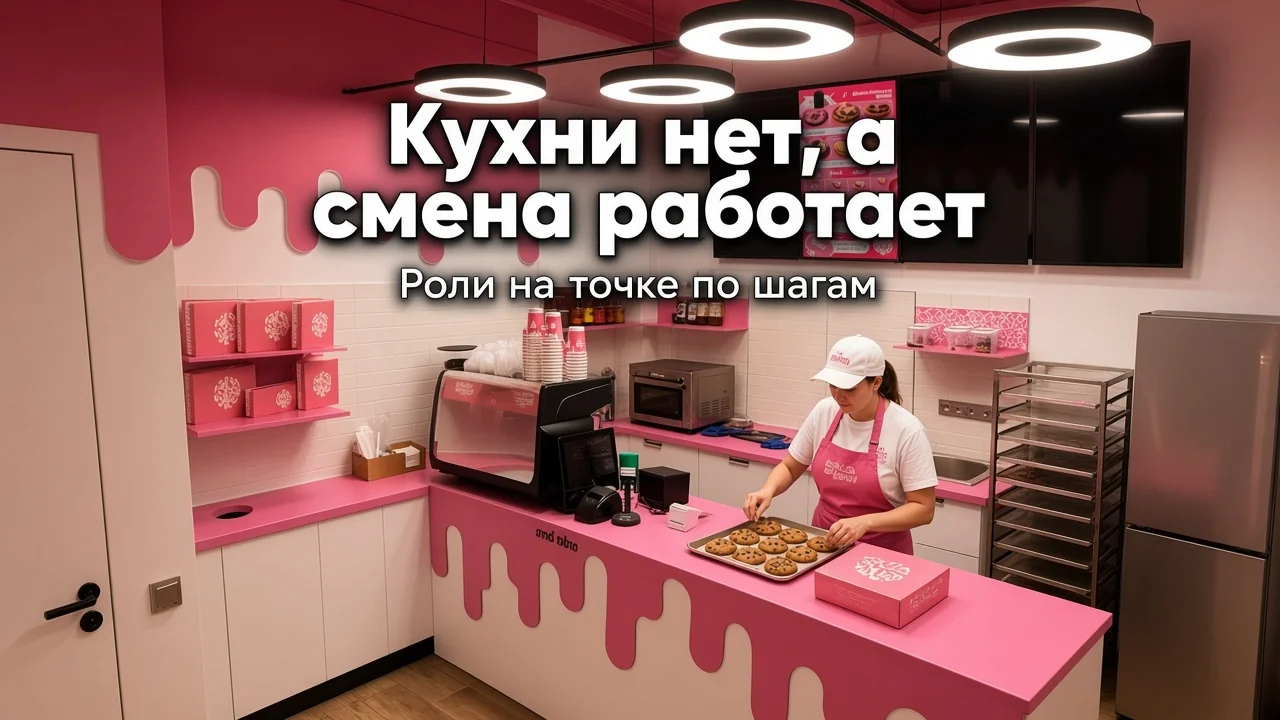 Сотрудник у витрины десертной точки закрывает смену без кухни на месте