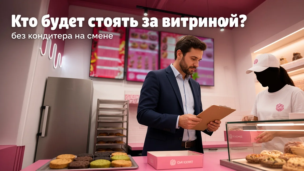 предприниматель у витрины компактной десертной точки проверяет смену без кондитера