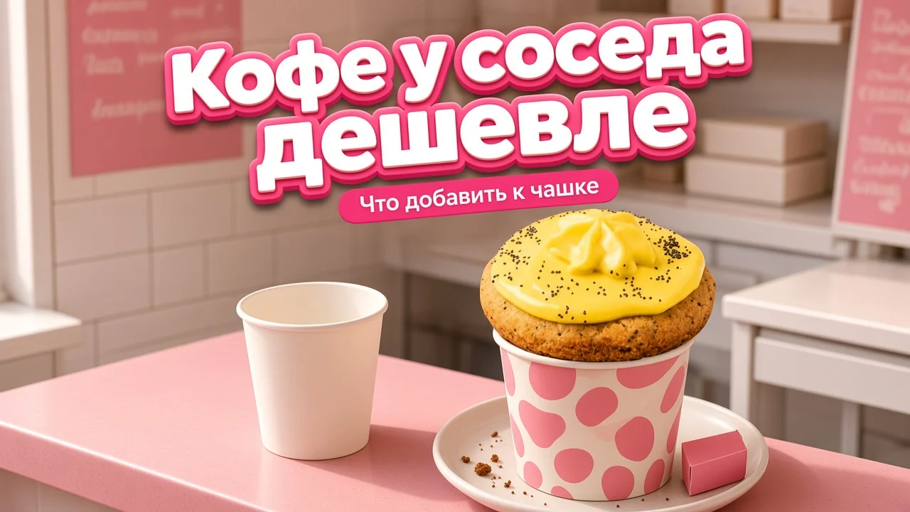 Фирменный стакан кофе с большим кукисом Куки Луки на розовой стойке, слева отдельный простой стакан без бренда