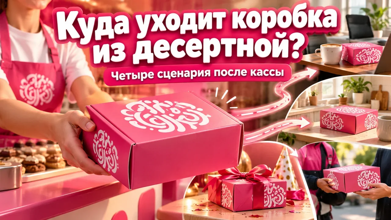 Розово-белая коробка с кукисами проходит путь после выхода из десертной