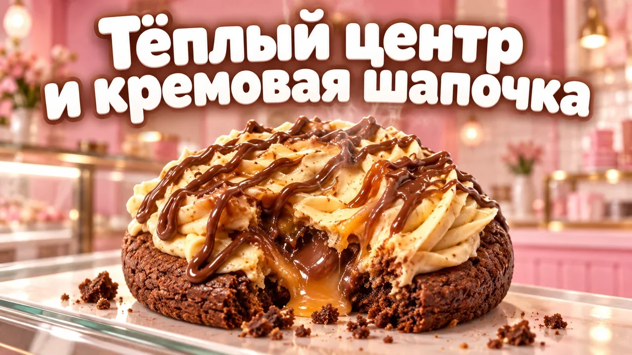 Крупный тёплый крамбл куки с кремовой шапочкой на витрине