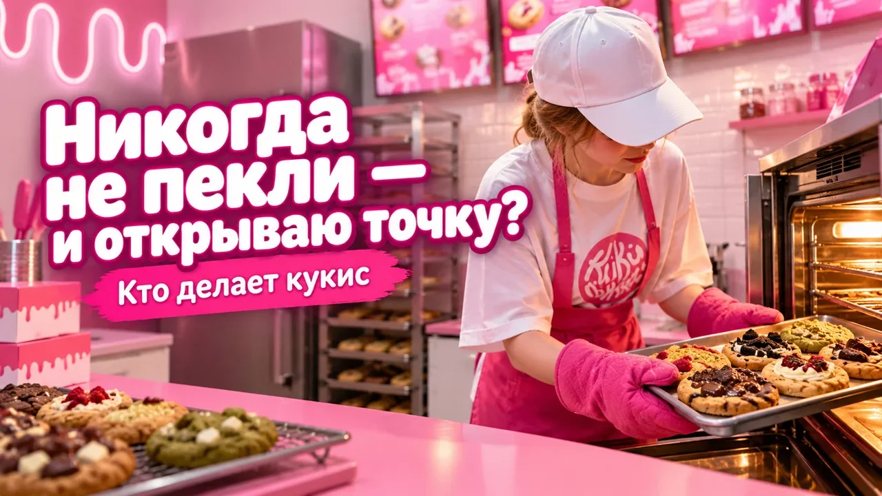 сотрудница десертной точки достаёт партию кукисов из печи