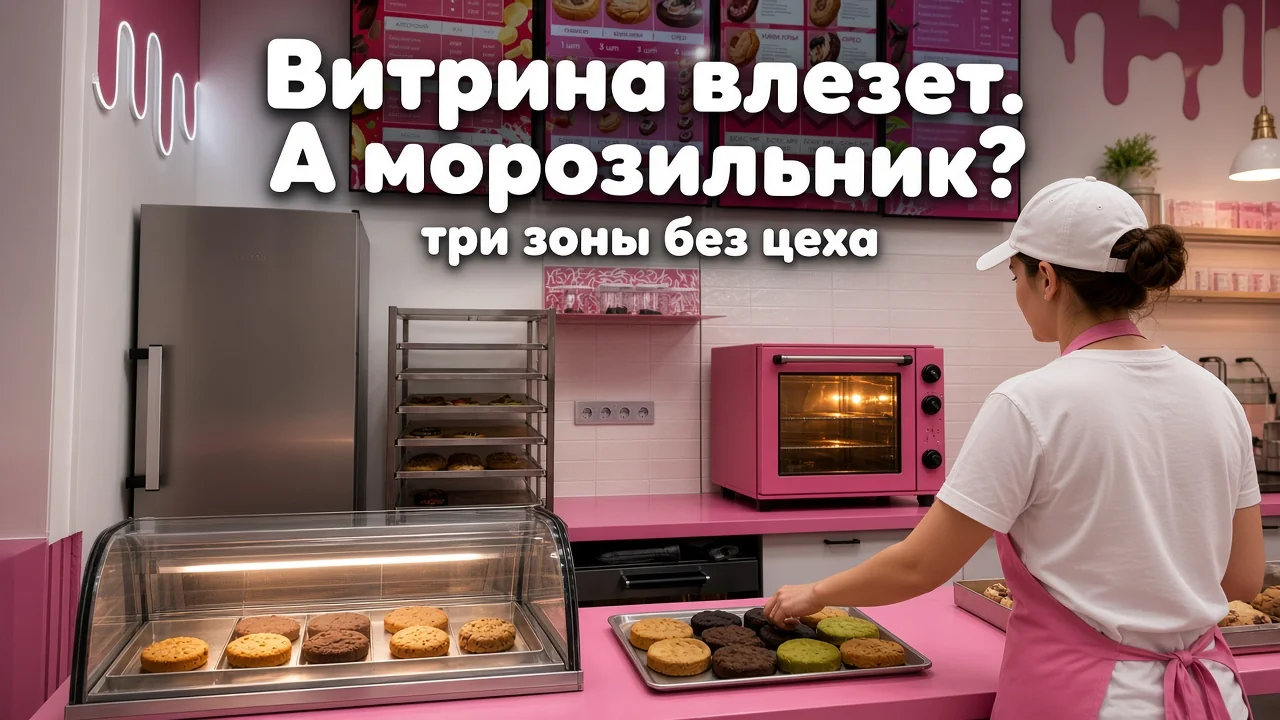 компактная десертная точка с печью, морозильником под стойкой и охлаждаемой витриной