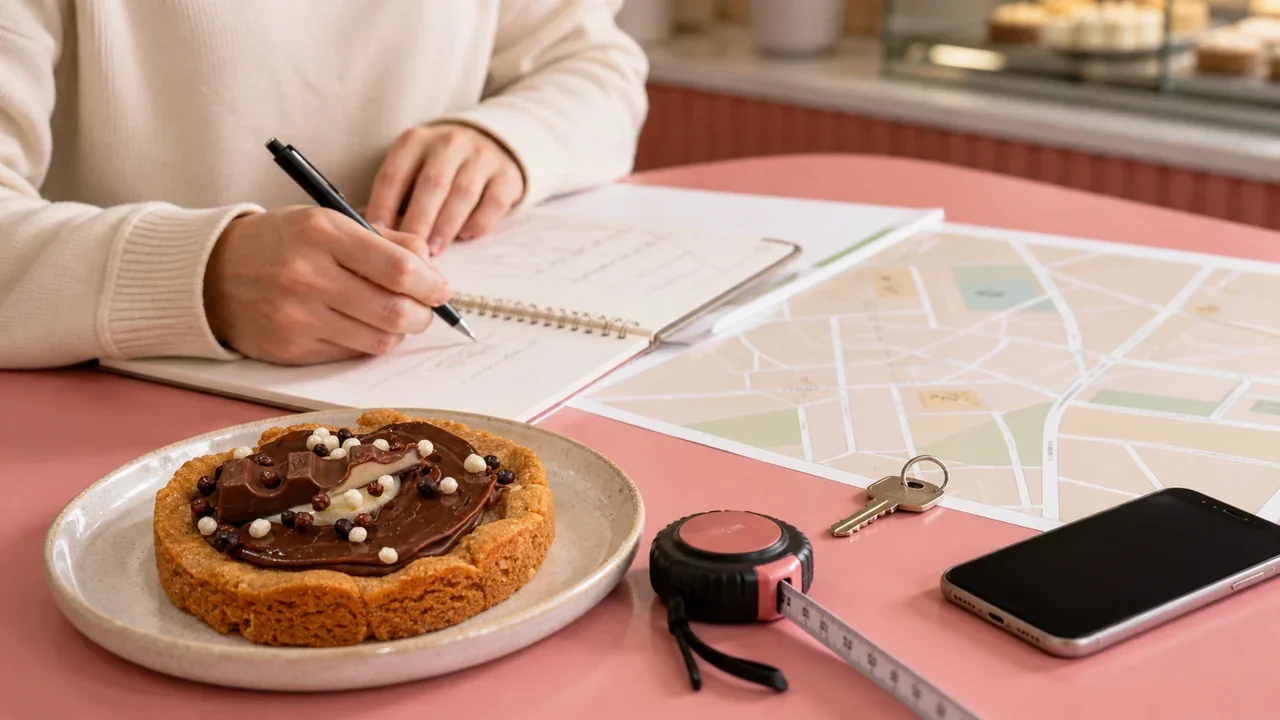 Рабочий стол с упаковкой, кукисами и материалами для подготовки расчёта десертной