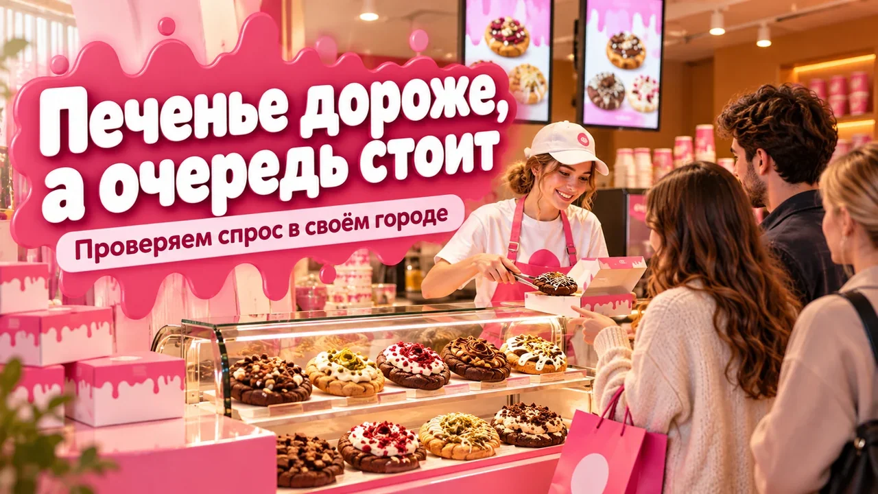 очередь у компактной розово-белой десертной точки с витриной крупных мягких кукисов