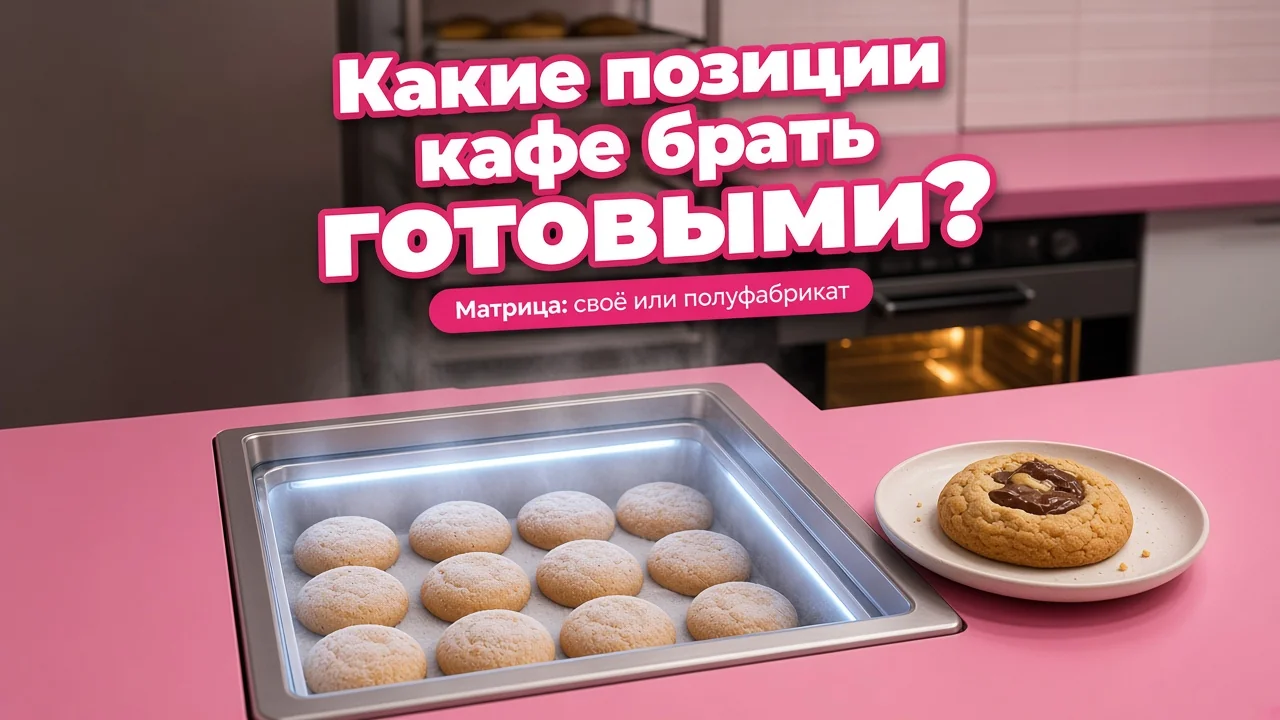 Открытый морозильный ящик в компактной розово-белой точке Куки Луки с ровными рядами замороженных основ, рядом на столешнице готовый кукис с тянущейся начинкой