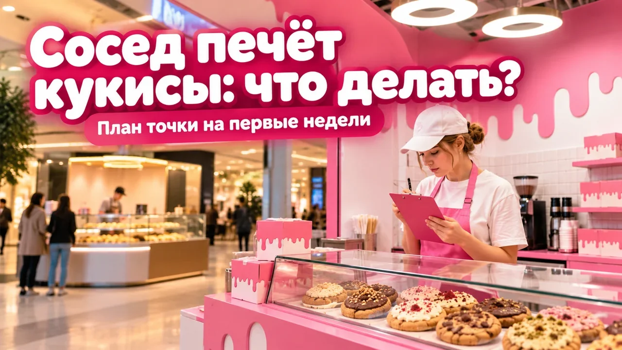 сотрудник десертной точки спокойно проверяет витрину, пока рядом в галерее появился похожий десертный островок