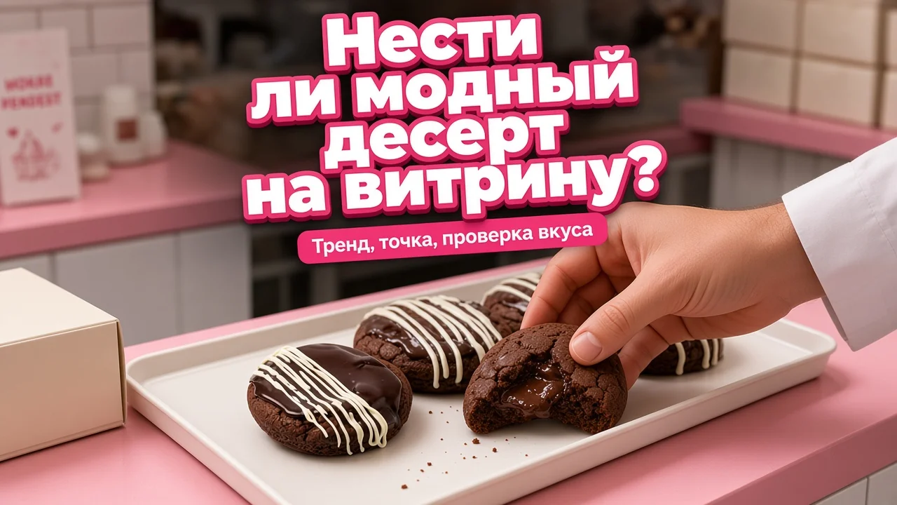 В компактной десертной точке рука опускает крупный кукис с начинкой на свободное место витрины рядом с ровным рядом фирменных кукисов