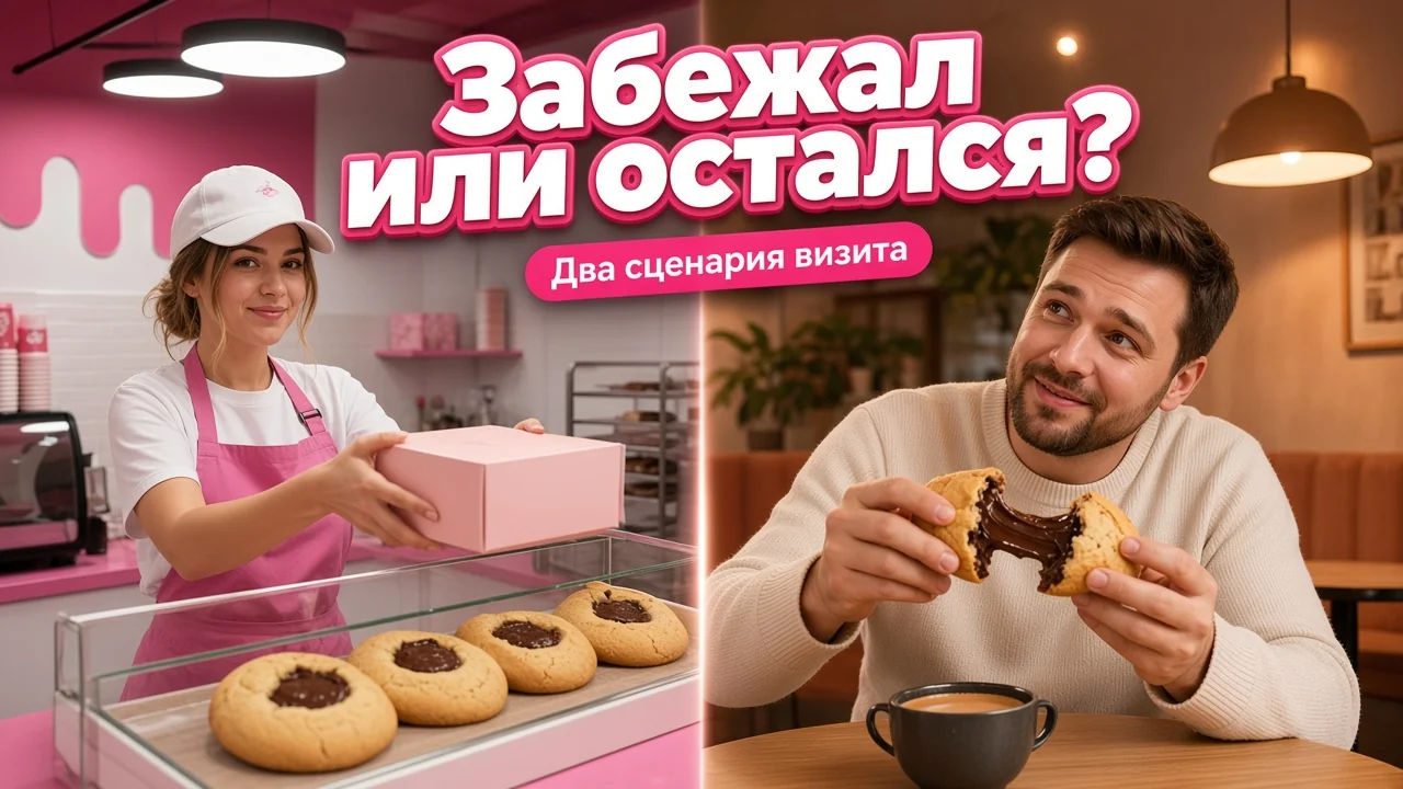 Розово-белая десертная точка разделена на две зоны: у прилавка ставят коробку с кукисами на вынос, а в уголке с посадкой гость остаётся с напитком и кукисом