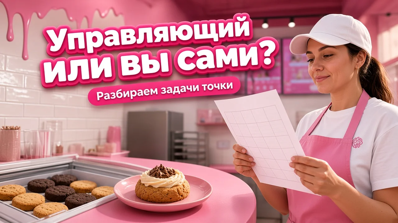Управляющий в фирменной футболке и фартуке за стойкой компактной кондитерской держит график смен, рядом на розовой стойке крупный кукис с кремовой шапкой