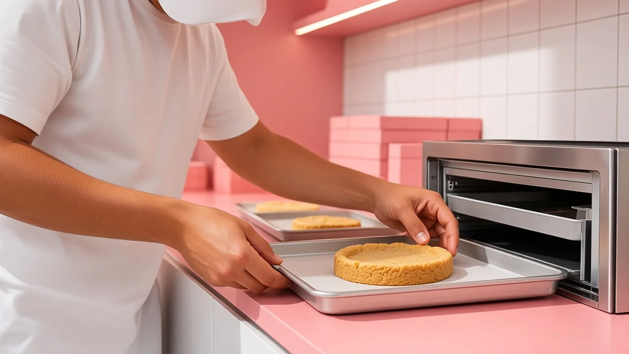Бариста достаёт замороженную основу кукиса из морозильника и ставит её на противень у печи