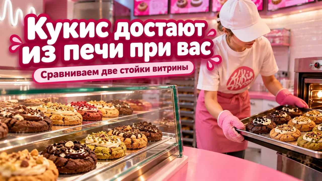 Сотрудник десертной точки вынимает свежие кукисы из печи рядом с двумя стойками витрины